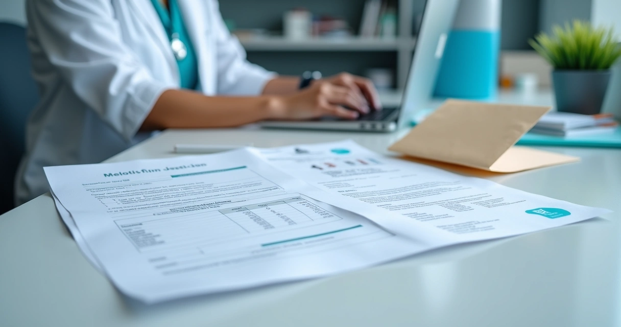 Documentos de kit reembolso organizados sobre a mesa de clínica médica, mão de secretária ao lado 