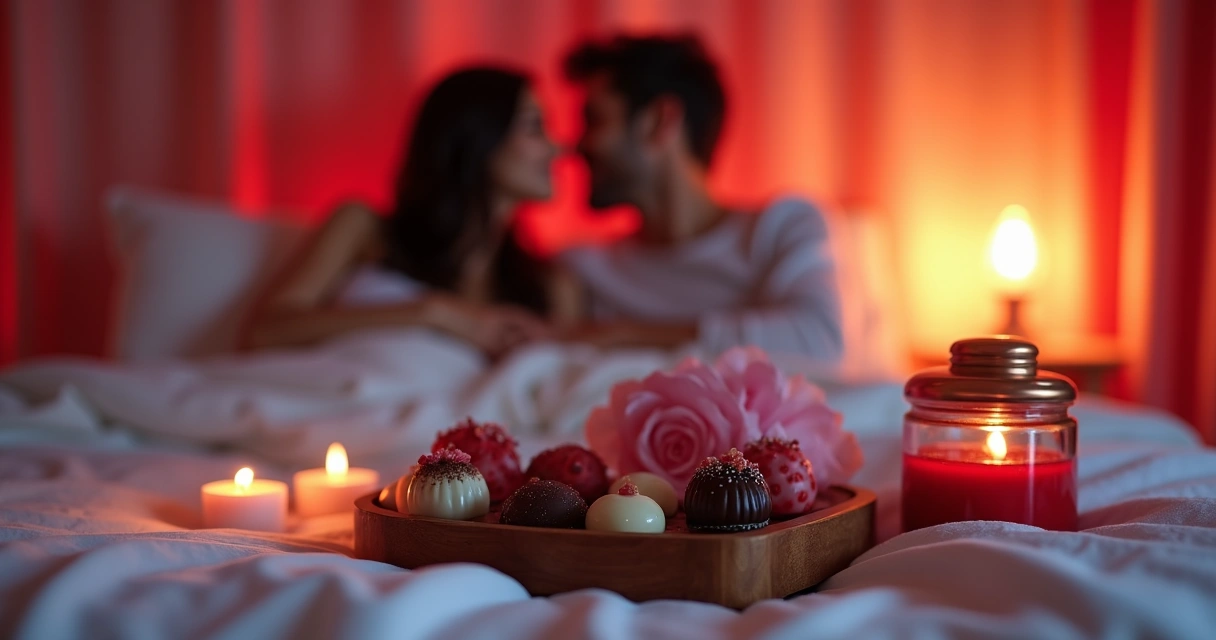 Kit romântico e itens de sexual care em uma cama