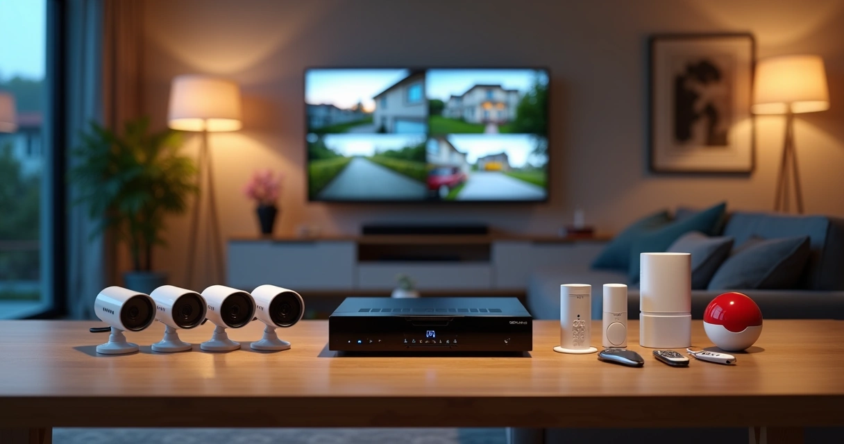 Kit de segurança completo com câmera, DVR, sensores e sirene sobre mesa em ambiente residencial 