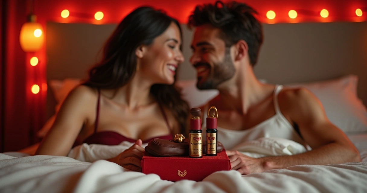 Kit sensual com chocolates, óleo, e itens românticos junto a casal sorrindo
