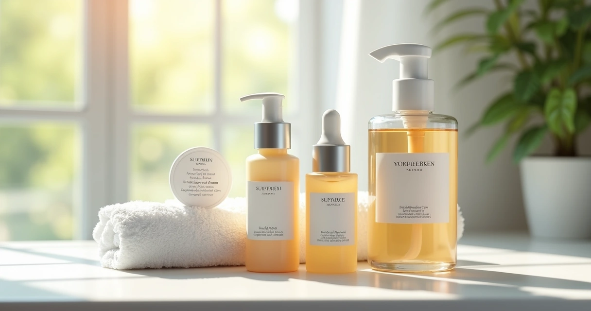 Kit de dermocosméticos, filtro solar e folheto de instruções personalizado em bancada de consultório 