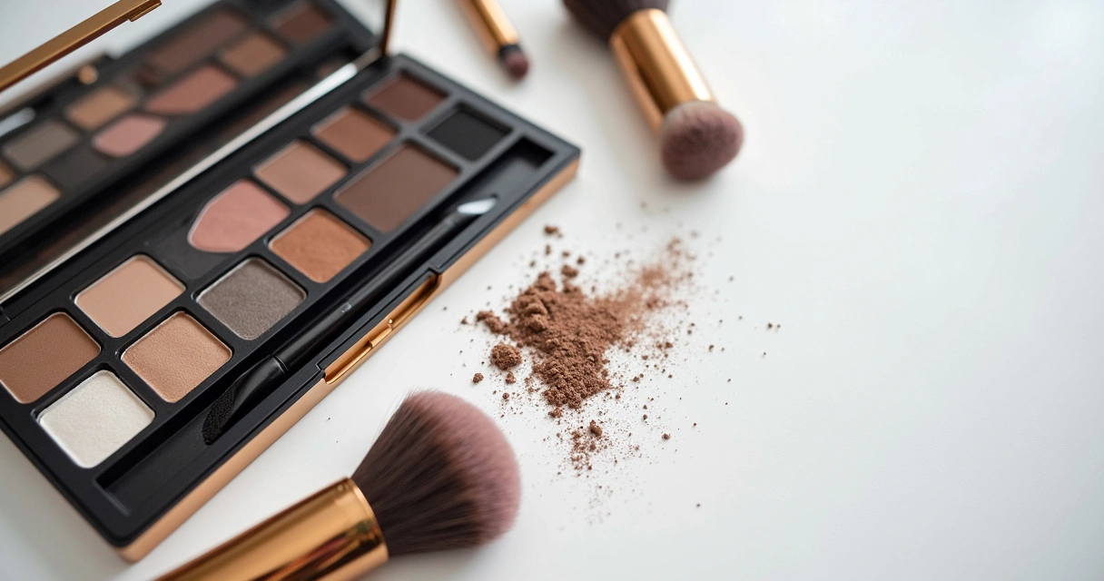 Kit de sombras, pincéis e espelho.