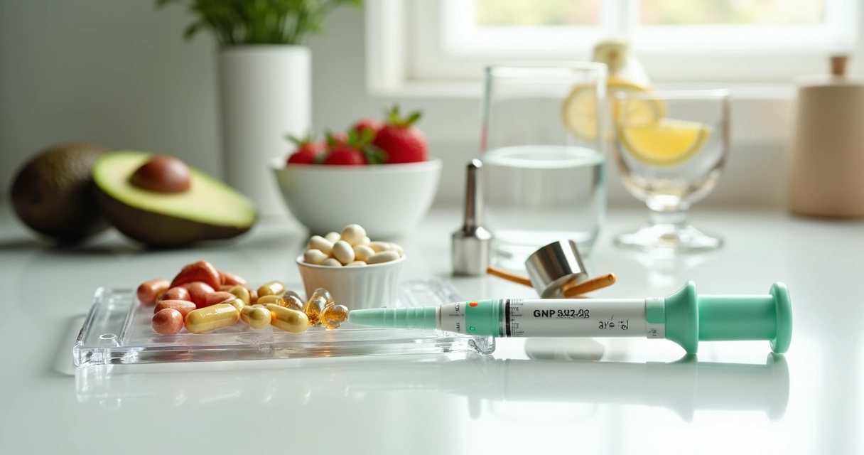 Kit de suplementos organizado ao lado de caneta emagrecedora sobre bancada limpa 