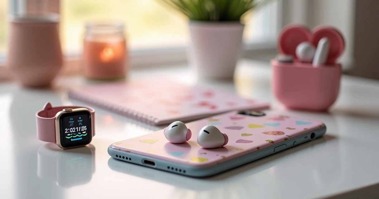 Fones coloridos, capinha de celular personalizada, smartwatch e acessórios em uma mesa clara 