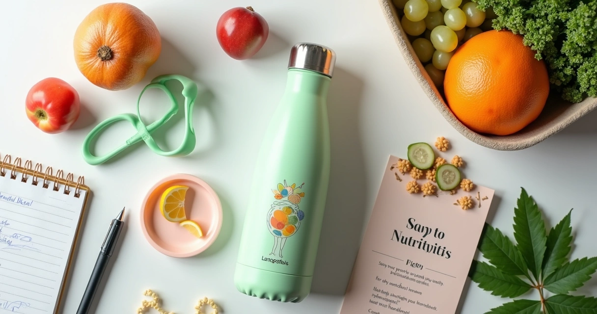 Kit temático de brindes para nutricionista com garrafa, bloco e pulseira. 