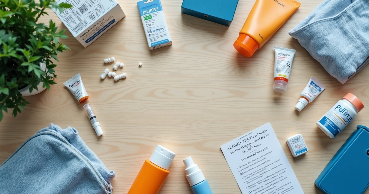 Medicamentos e itens de viagem organizados para pessoa alérgica