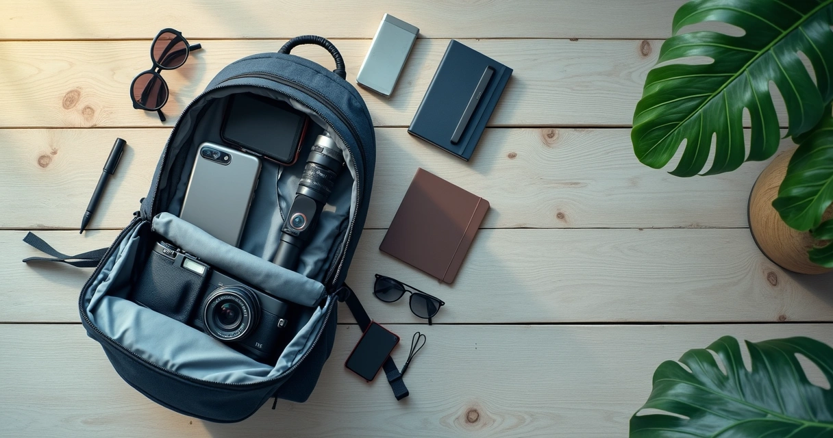 Mochila aberta com celular, câmera, tripé pequeno e power bank para viagem 