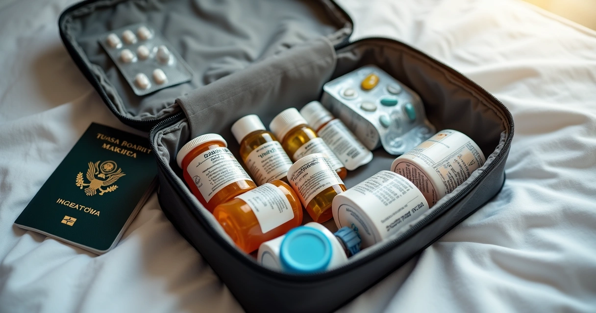 Necessaire com frascos manipulados e itens de viagem 