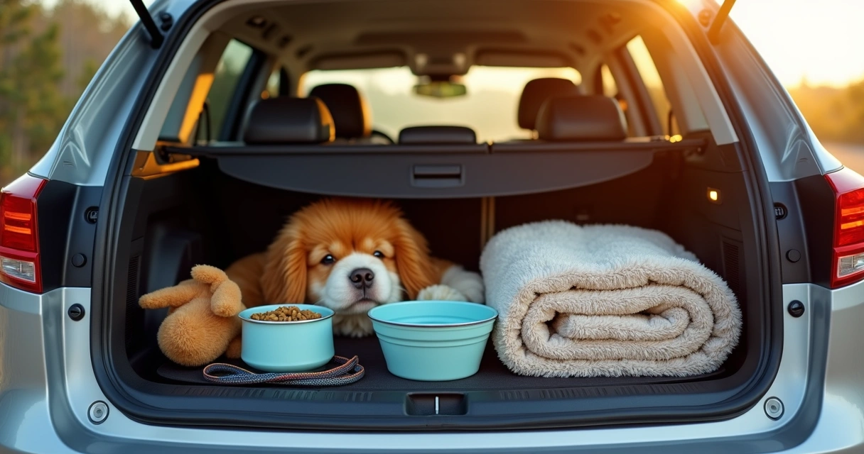 Kit de viagem para pets organizado no porta-malas