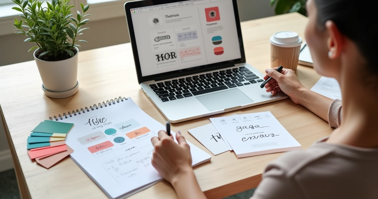 Empreendedora organizando kit visual econômico sobre mesa com notebook e amostras de cores 