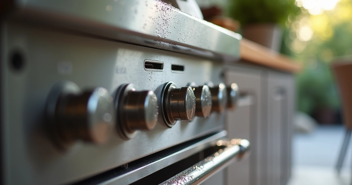 Close-up of control knobs and handles on outdoor appliances in modern kitchen 