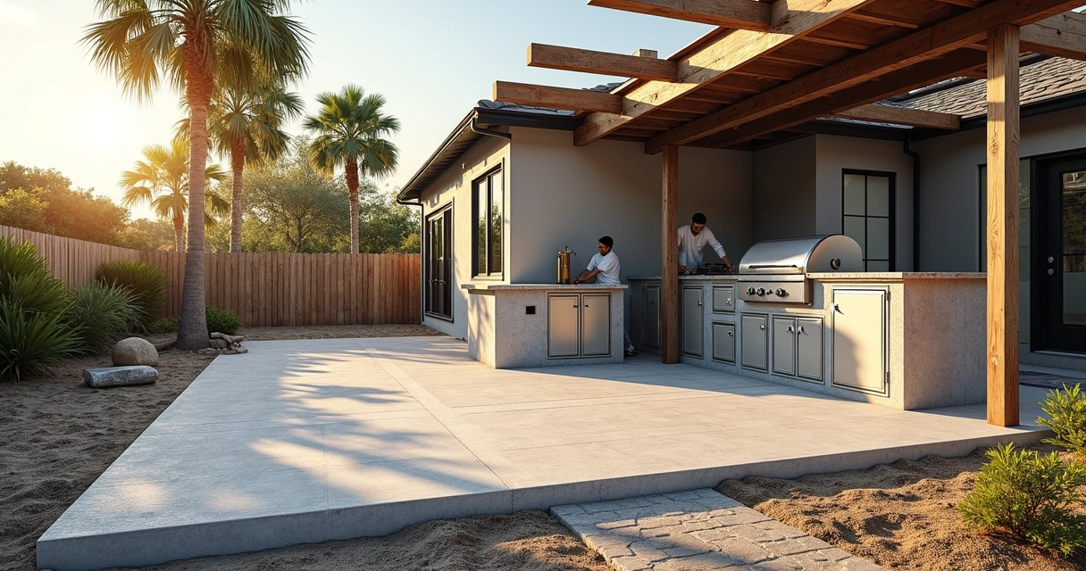 Florida outdoor kitchen with concrete base, framing, and workers laying pavers 