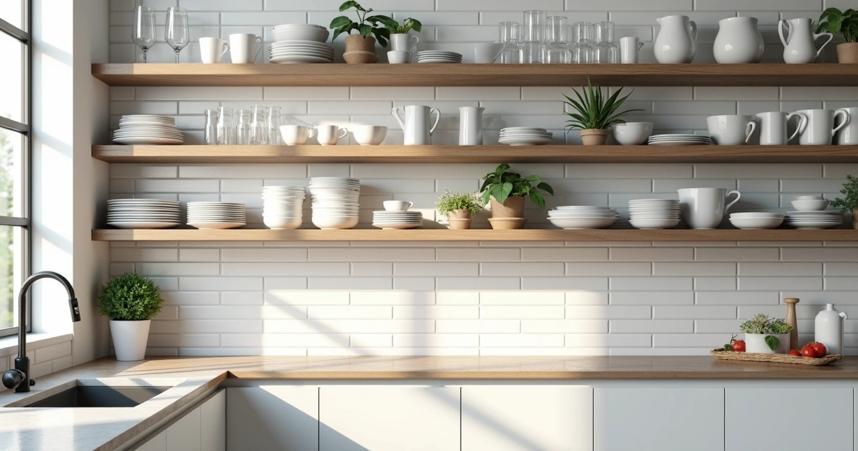 Modern kitchen featuring open shelving with neatly arranged dishes and plants 