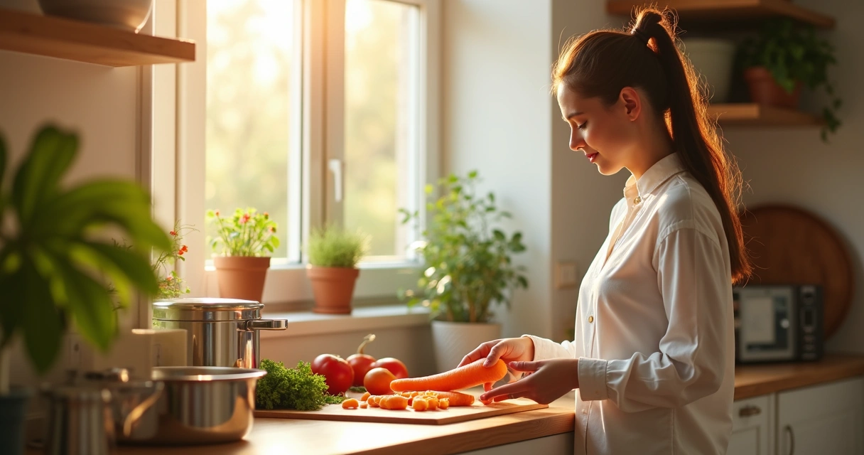 Person preparing vegetables mindfully in a bright kitchen