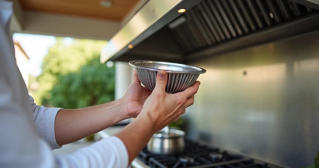 Person cleaning removable filter from outdoor kitchen vent. 
