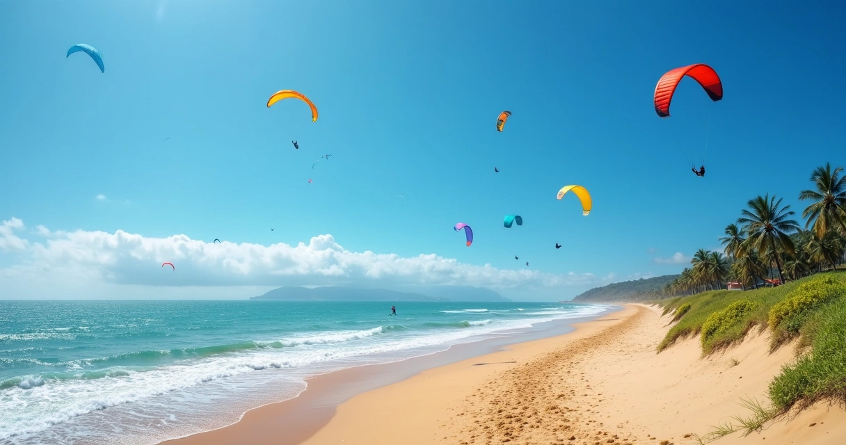 Kitesurfistas na praia com céu azul e vento constante 