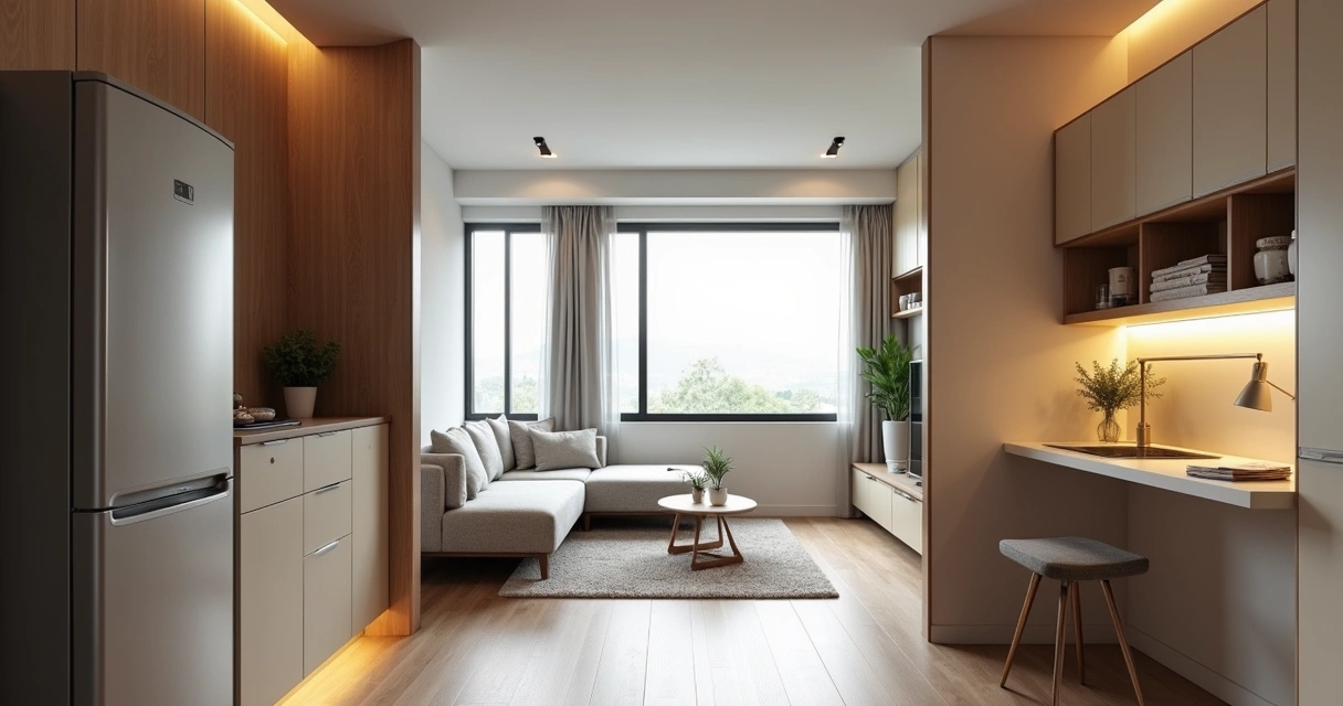 Kitnet moderna com móveis planejados e divisão funcional 