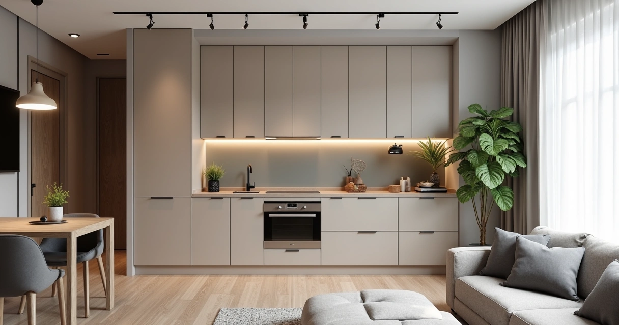 Kitnet mobiliada com móveis planejados e decoração moderna