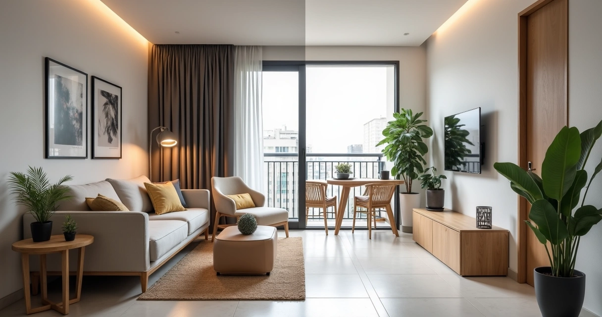 Kitnet dividida entre lado mobiliado e lado vazio para comparação de aluguel 