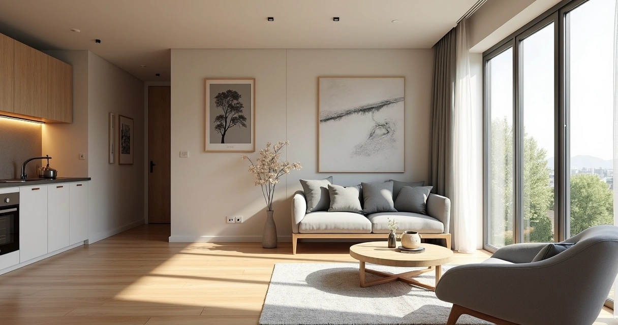 Sala de kitnet moderna com móveis planejados, boa iluminação e ambiente integrado