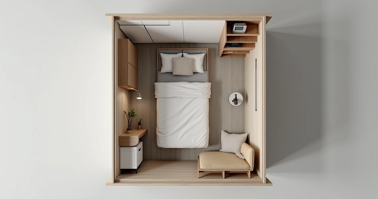 Móveis planejados otimizando espaço em uma kitnet compacta