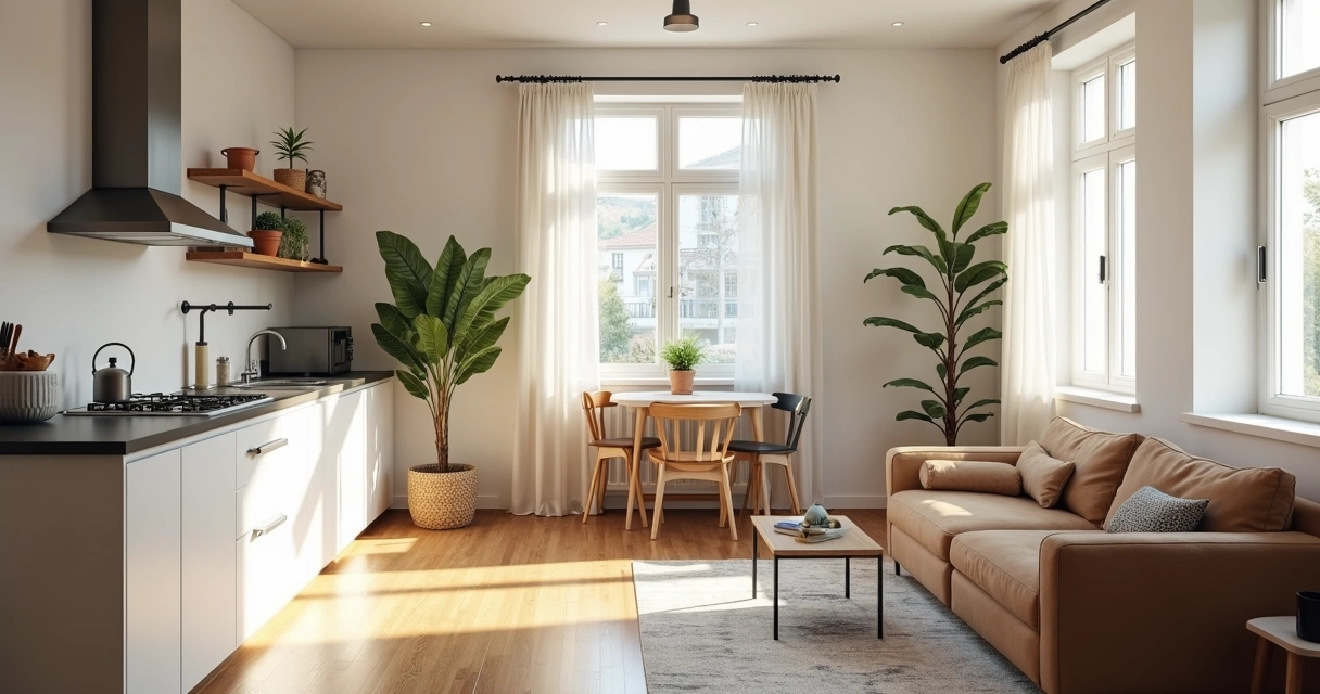 Kitnet recém-reformada com móveis e iluminação moderna para anúncio 