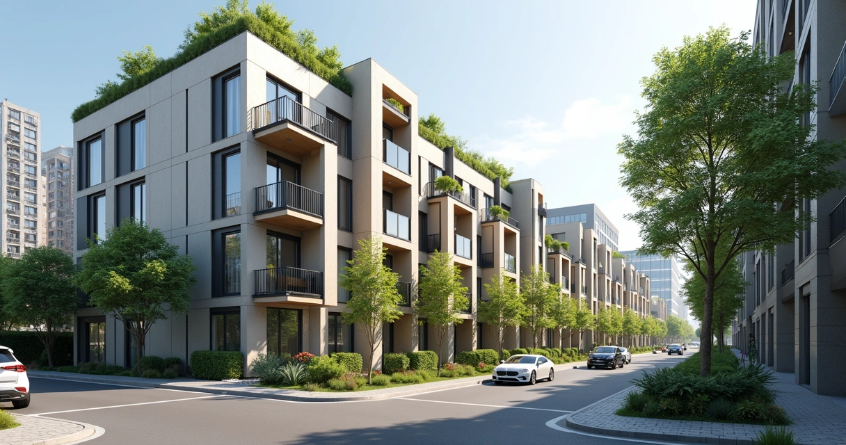 Vista aérea de conjunto de kitnets modernas em área urbana com ruas e vegetação ao redor 