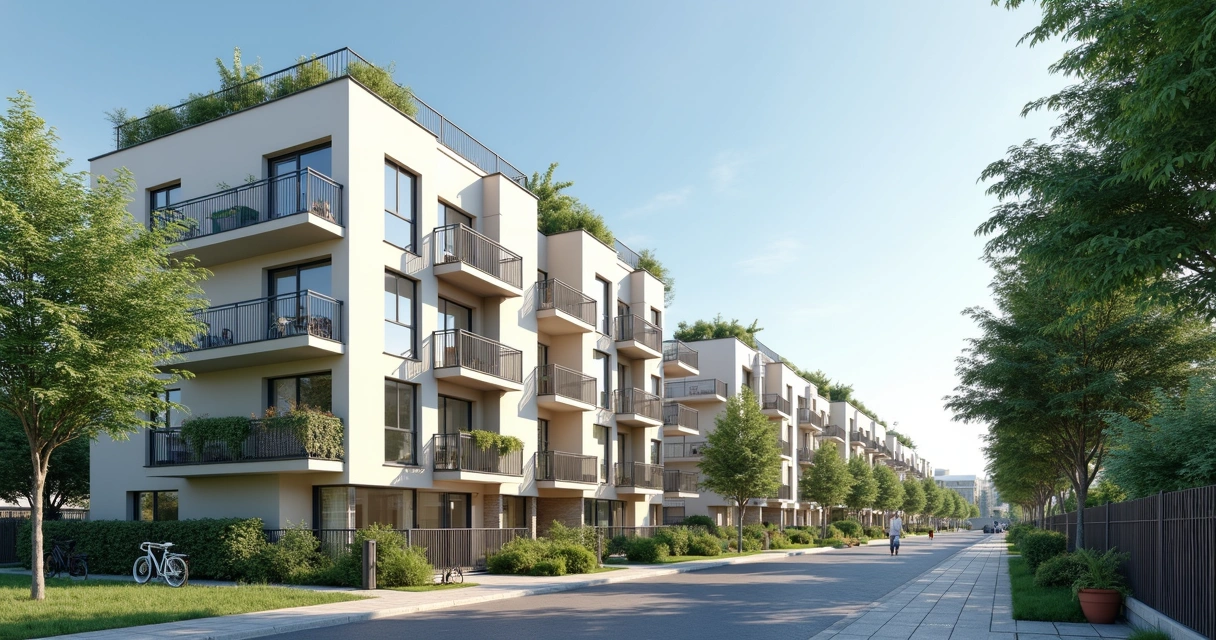 Bloco de kitnets modernos residenciais com fachada clara e varandas em área urbana 