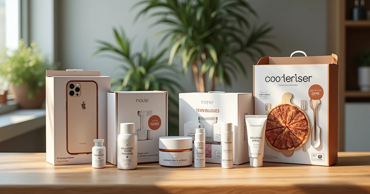 Pacotes de produtos combinados em caixas de e-commerce sobre uma mesa