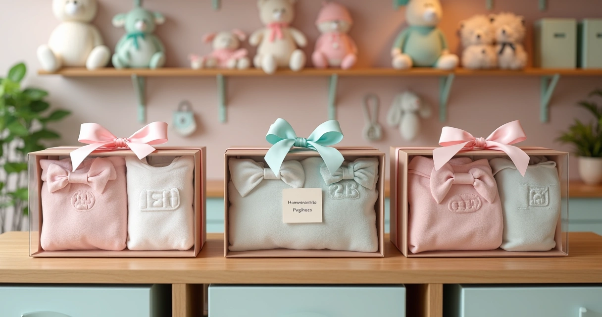 Kits de enxoval organizados em prateleira de loja infantil 