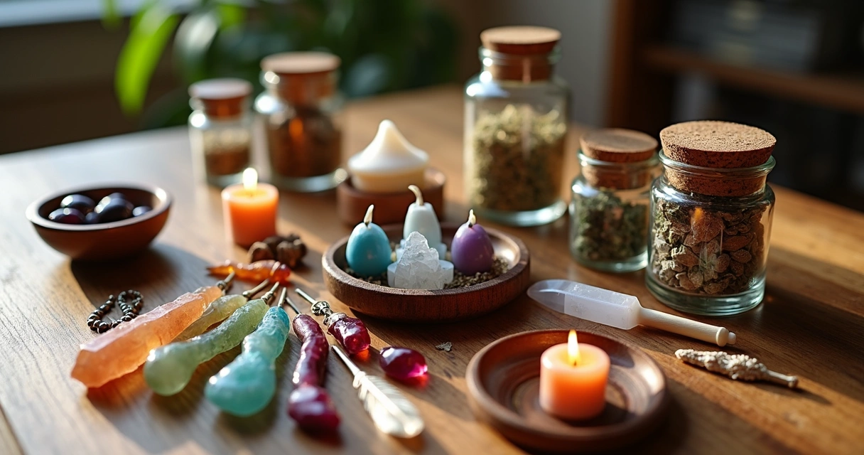 Kits espirituais personalizados com cristais, ervas, velas e objetos ritualísticos sobre mesa de madeira 
