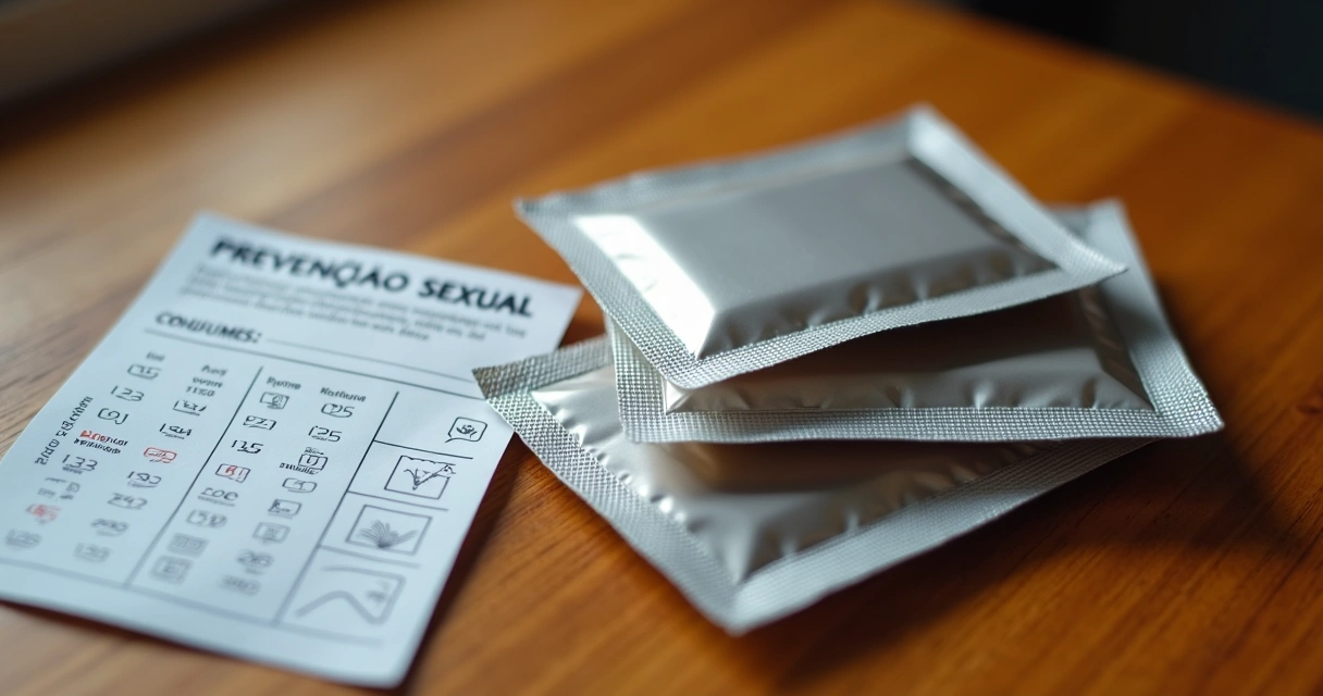 Preservativos empilhados com folheto informativo ao lado em superfície de madeira