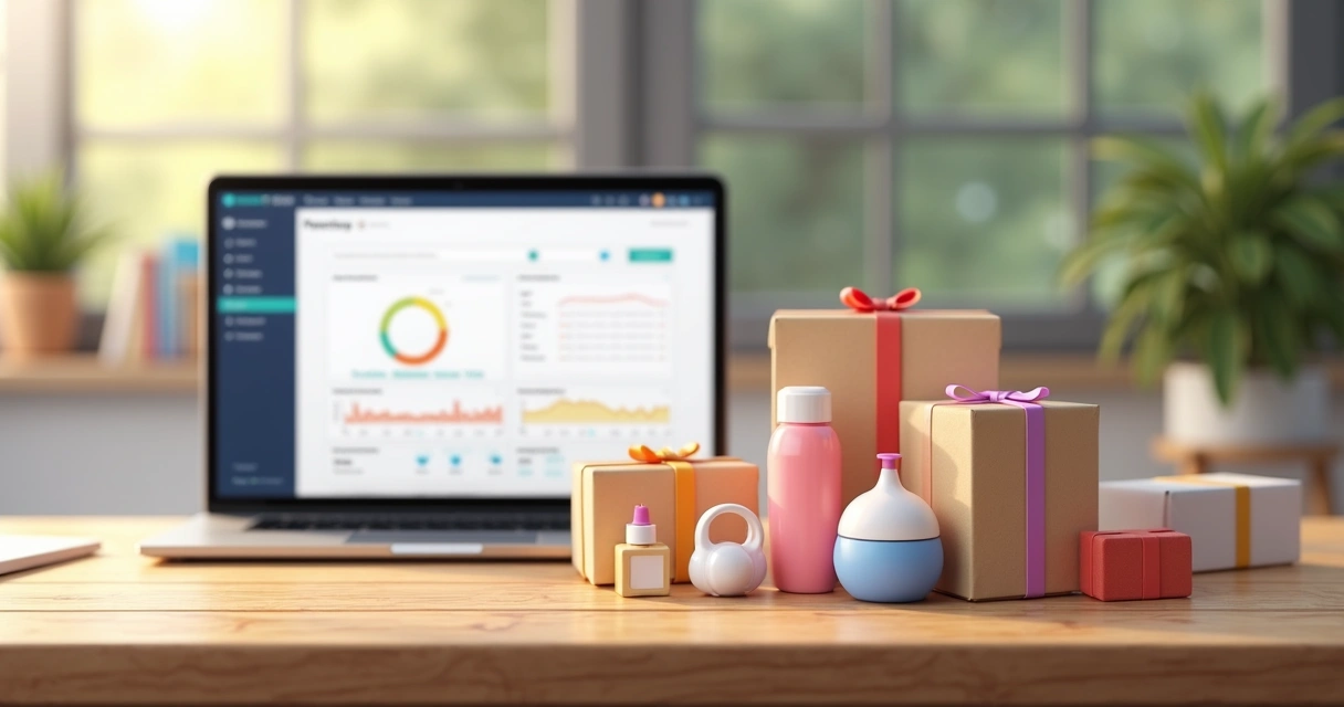 Montagem de kits de produtos variados sobre mesa de madeira