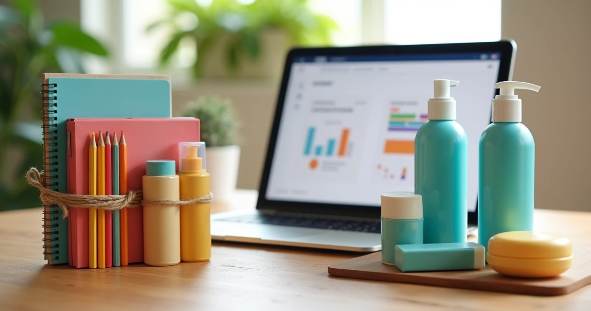 Kit de material escolar e cosméticos em uma bancada organizada 
