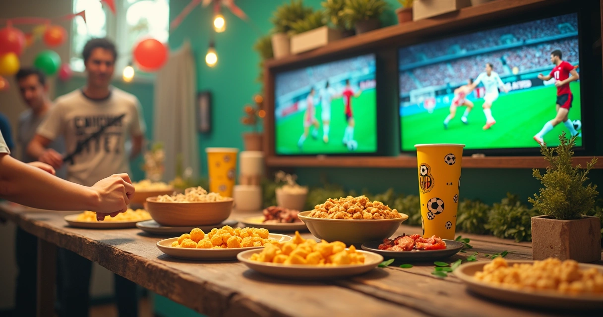 Kits temáticos de Copa do Mundo em uma mesa, com petiscos e itens promocionais 