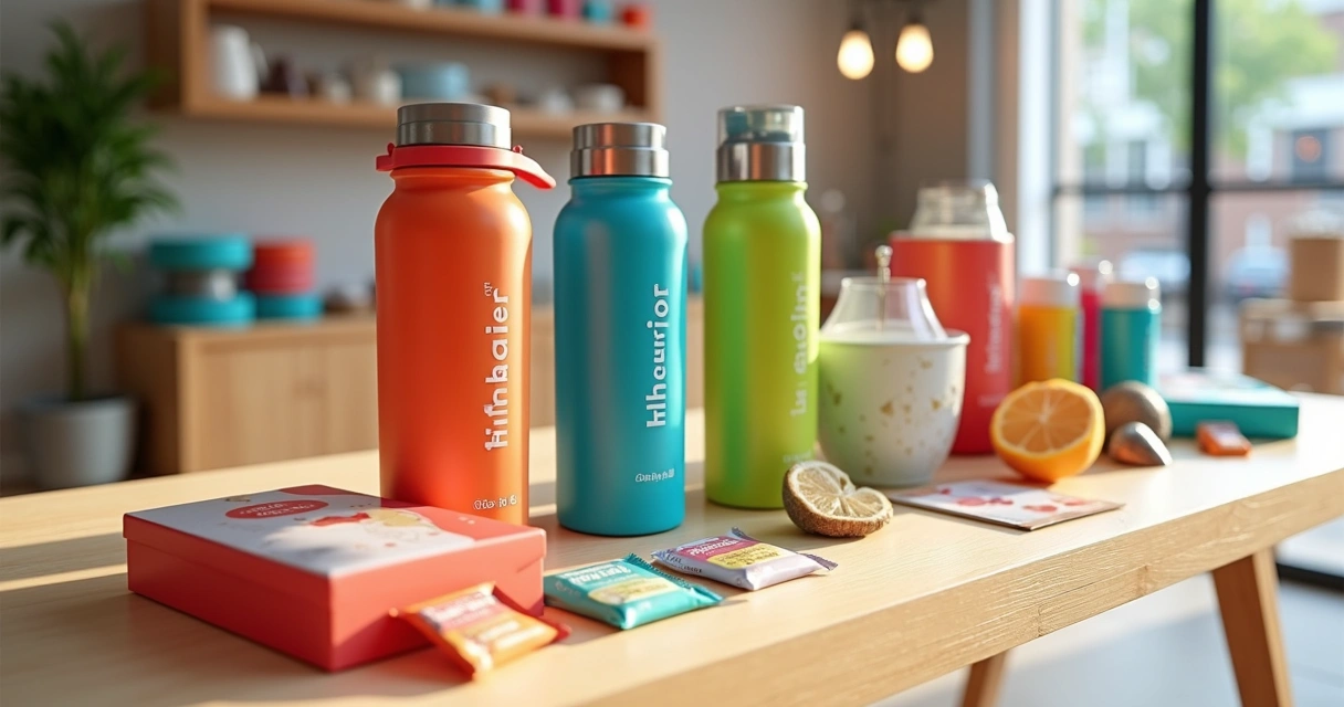 Kits promocionais com coqueteleiras personalizadas e garrafas térmicas organizados sobre mesa clara, ambiente de varejo com iluminação natural 