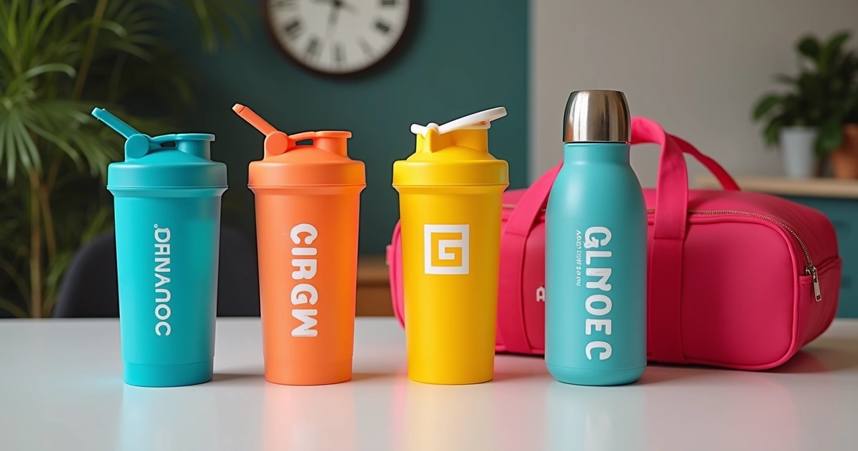 Kits promocionais fitness com coqueteleiras coloridas e garrafas térmicas em mesa 