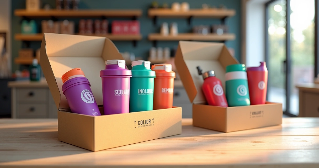 Kits promocionais personalizados organizados em caixas com itens variados sobre mesa clara 