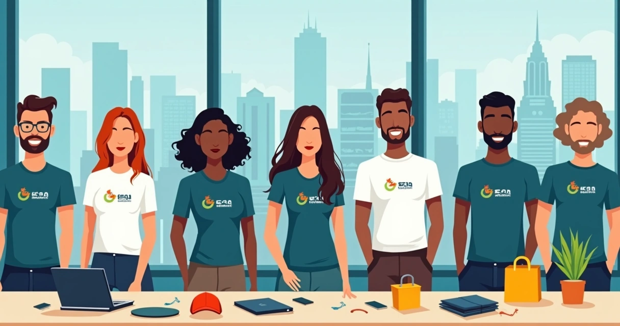 Equipe uniformizada em ambiente corporativo com camisetas personalizadas 