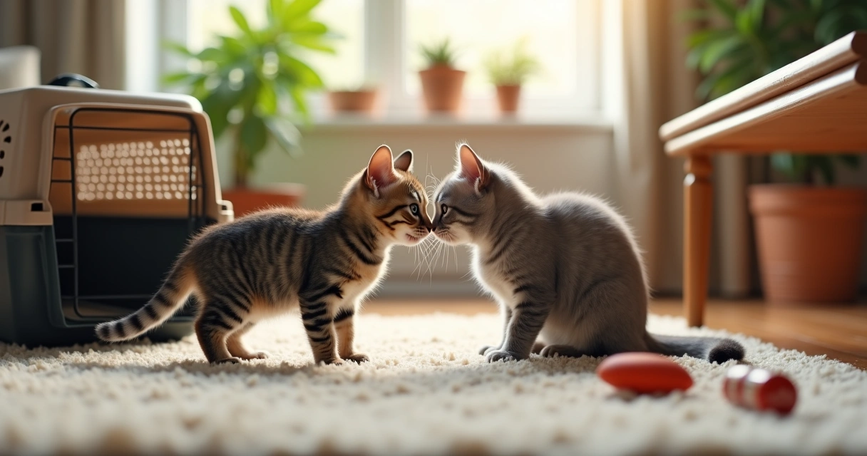 Kitten meeting a gentle adult cat