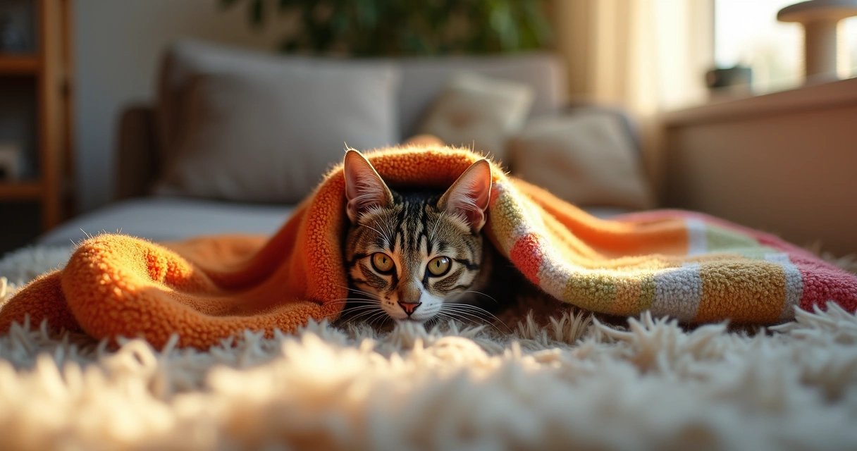Cat hiding under blanket in cozy room