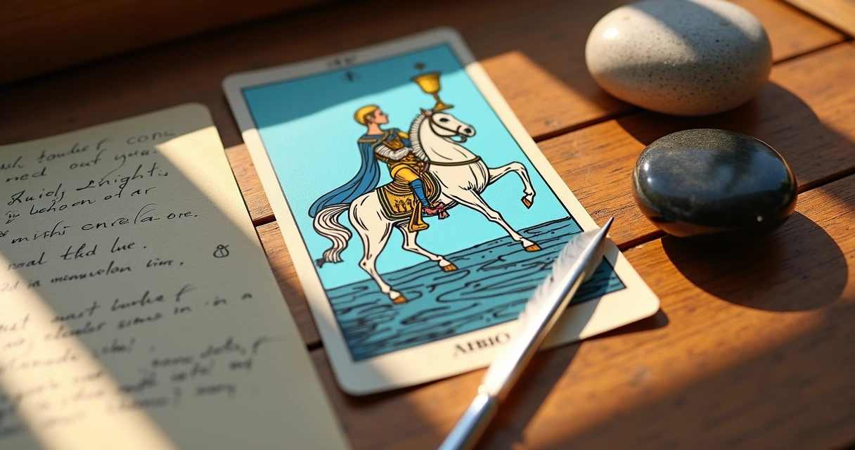 Knight of Cups card with river and blue cloak 