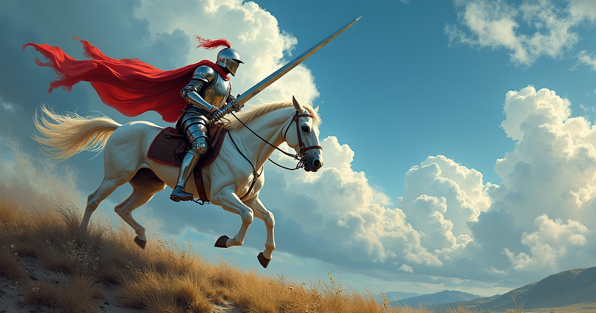 Knight of Swords tarot card showing a charging knight on horseback 