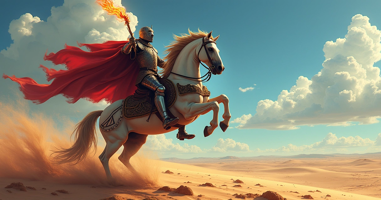Knight of Wands tarot card showing a warrior on a rearing horse with a fiery wand against a desert background 