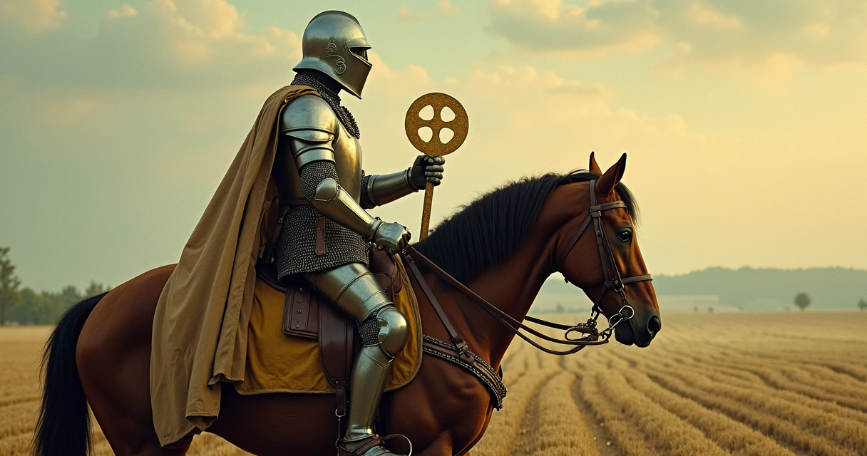 Knight of Pentacles on a horse surveying a field at dusk. 