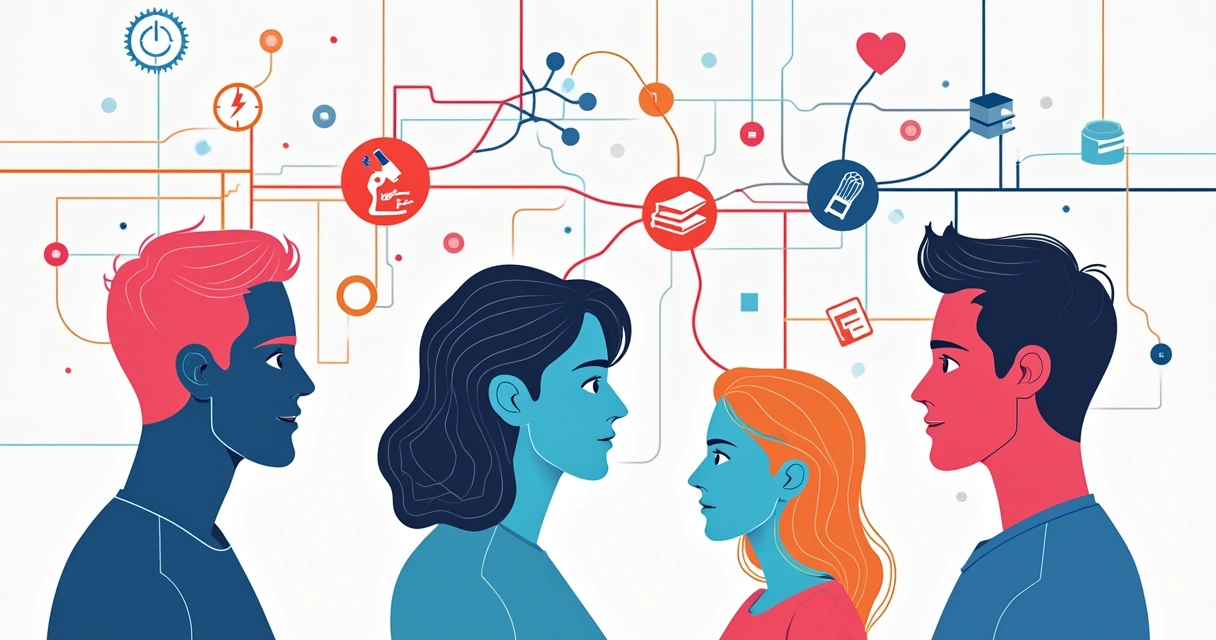 Abstract illustration of interconnected minds, colorful lines joining different fields like science, art, and philosophy 