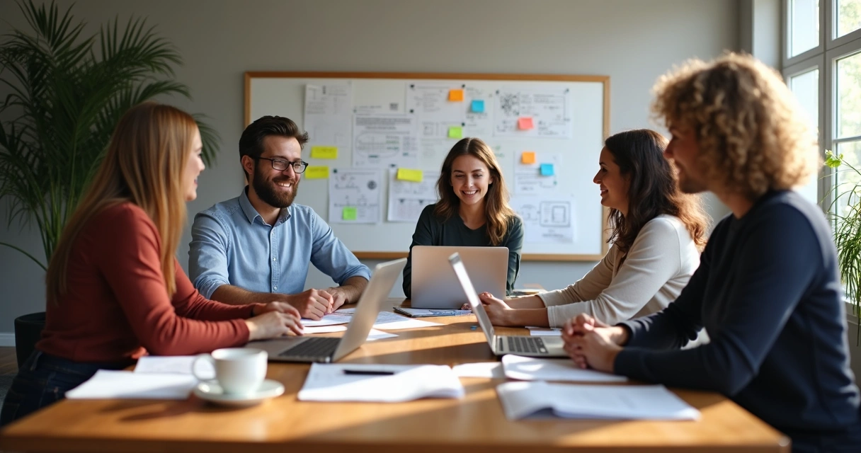 Small team having knowledge transfer workshop 