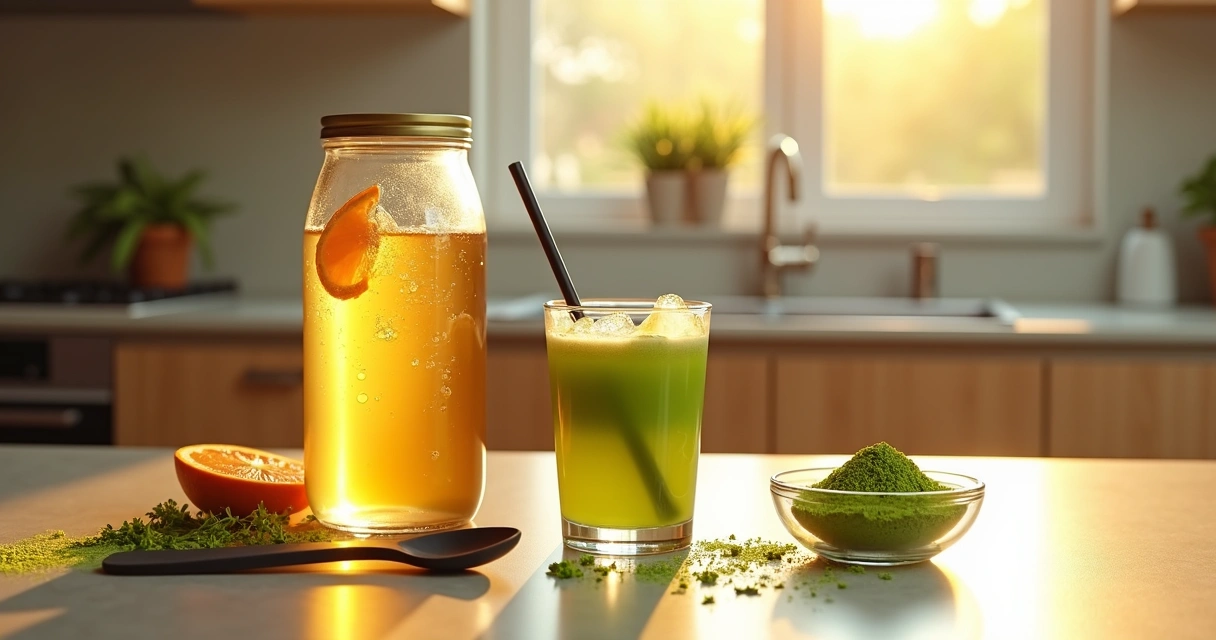Tarro de kombucha verde e copo de kefir com moringa sobre bancada iluminada ao entardecer 