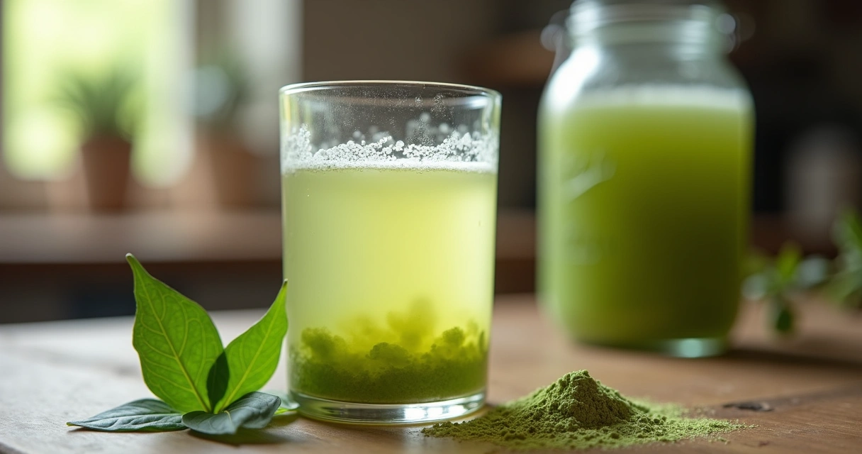 Copo de kombucha levemente esverdeado com folhas de moringa ao lado e SCOBY ao fundo. 