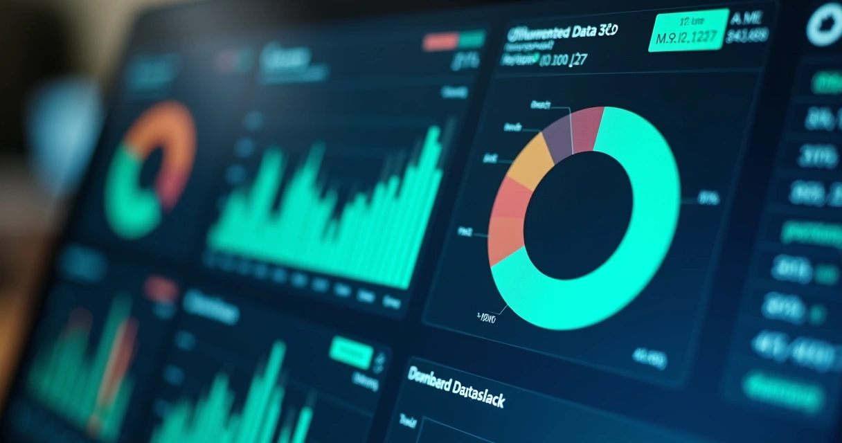 Painel digital com KPIs, gráficos de pizza e barras sobre base de dados moderna 